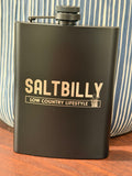 Matte black 8 oz hip flask laser engraved with the Saltbilly Low Country Lifestyle logo