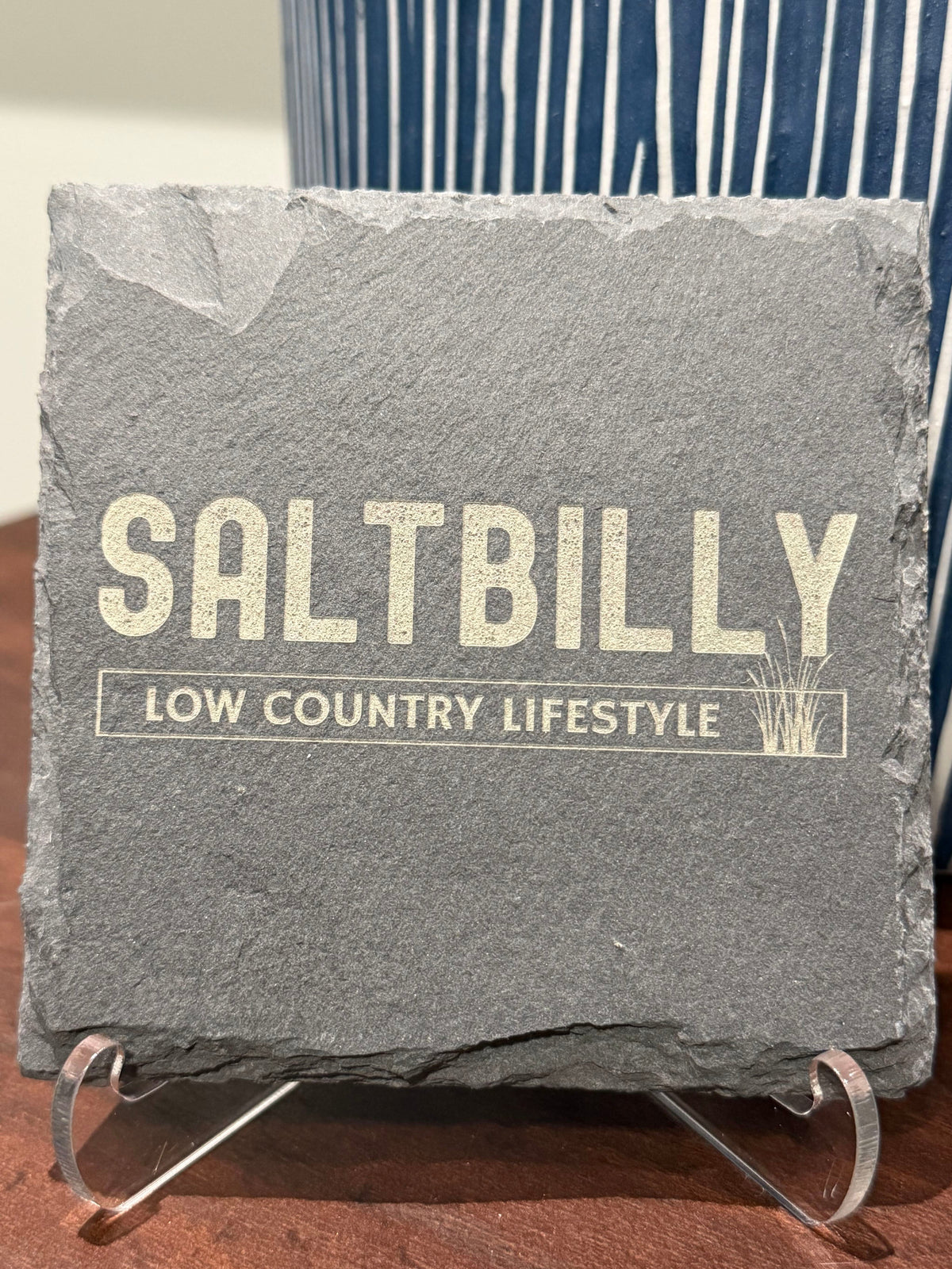 Raw unfinished slate coaster with a natural matte gray finish, laser engraved with the Saltbilly Low Country Lifestyle logo