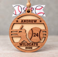 Round layered wood baseball ornament with a batter, a baseball with the jersey number, and the player's name, team, and year