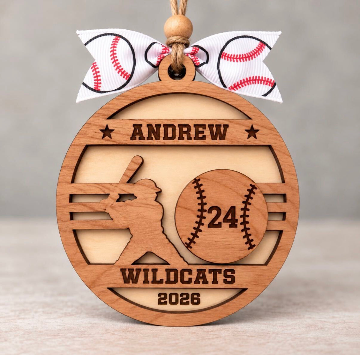 Round layered wood baseball ornament with a batter, a baseball with the jersey number, and the player's name, team, and year