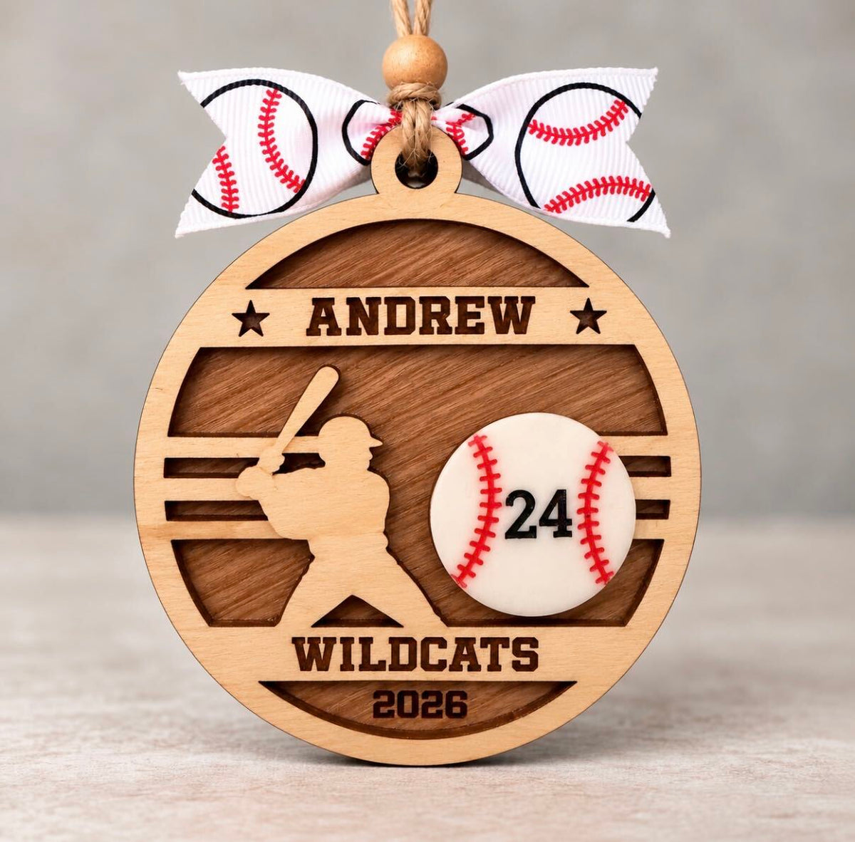 Round wood baseball ornament with a batter and a white baseball accent showing the jersey number, player's name, team, and year