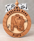 Round layered wood marching band ornament with a band uniform, name, school, instrument, and year, tied with a music note ribbon
